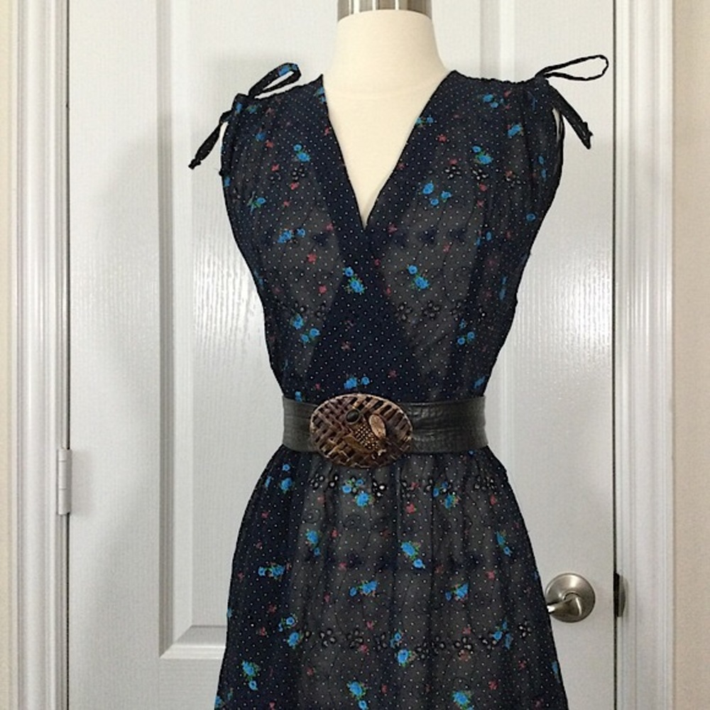 1970s Cottagecore Sheer Floral + Polka Dot Sleeveless Dress Sz S M